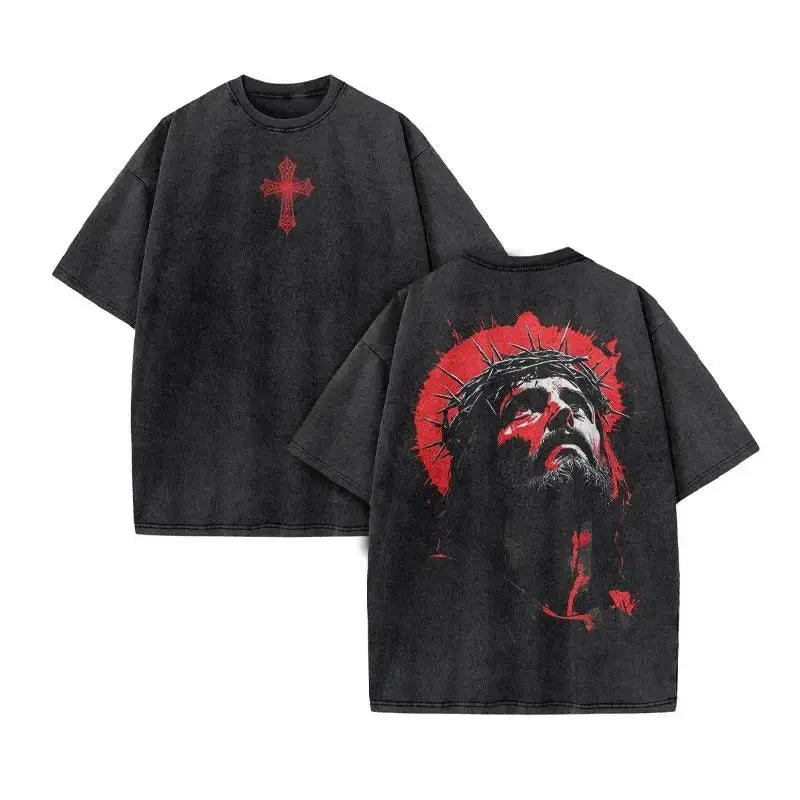 Summer top Men's T-shirt Christian Jesus design new wash short sleeve street print vintage T-shirt oversized for men and women