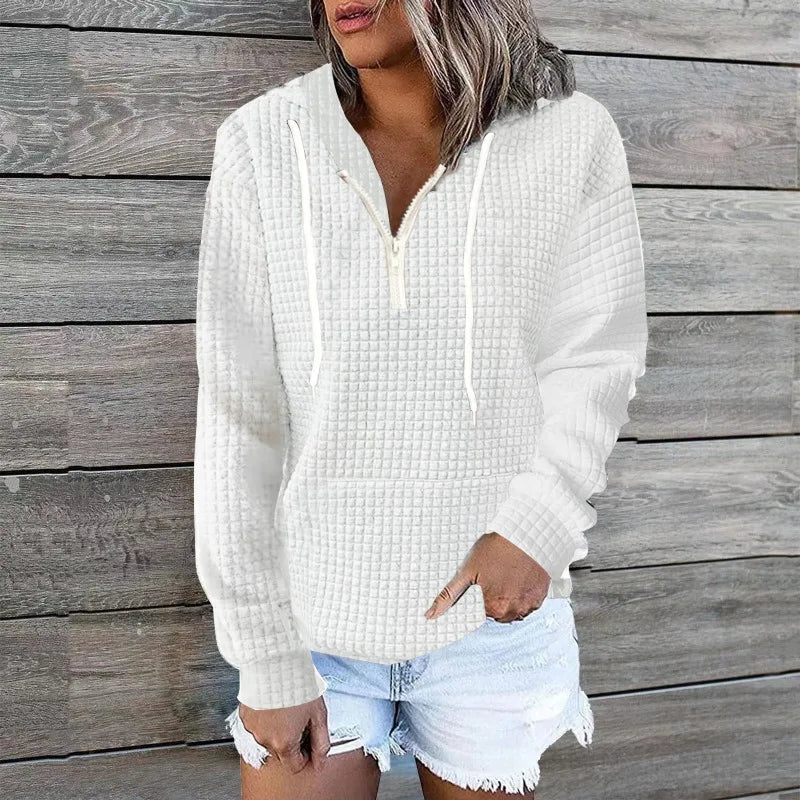 Plus size women's clothing hoodies casual home wear women's zipper hooded pockets solid color waffle grid long sleeved hoodies