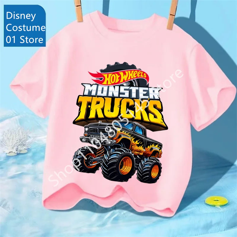 Summer Kids T Shirt Hot Wheels T-shirt Boys Girls Short Sleeve Tops Cartoon Cars Graphic Trucks Print T-shirt Children Clothing