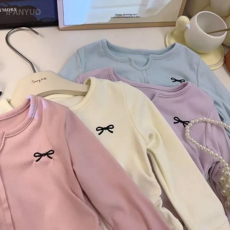 1-12Y Bow T-shirt Embroidered Girls Base Layer Fashionable Long Sleeved Simple Sweet and Cute Knitted Top for Girls Wholesale