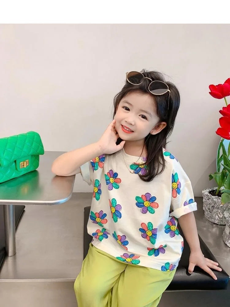 1pcs Summer Kids Flower Print Tops Clothes Girls Korean Style Shirt Children Short Sleeve T-shirts Child Casual Comfort T Shirs