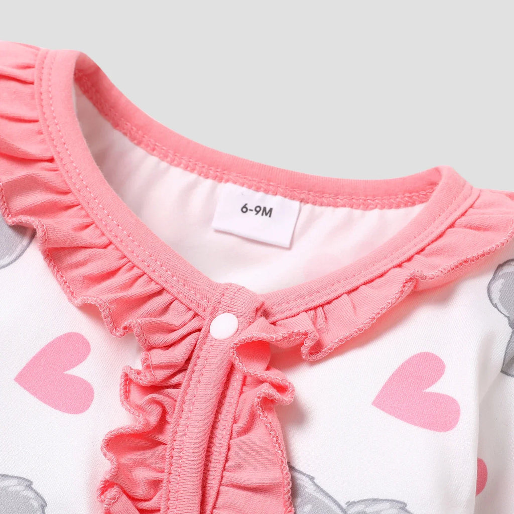 PatPat 2pcs All Over Cartoon Koala Print White Long-sleeve Ruffle Snap-up Baby Jumpsuit Set Soft and Comfortable