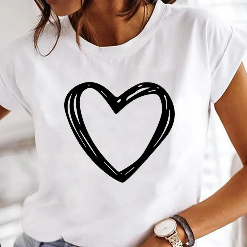New Women T Shirt Cute Than Heart Printed T-shirt Fashion Love Heart Loose Short Sleevs Round Neck T-shirt Casual Female Tops
