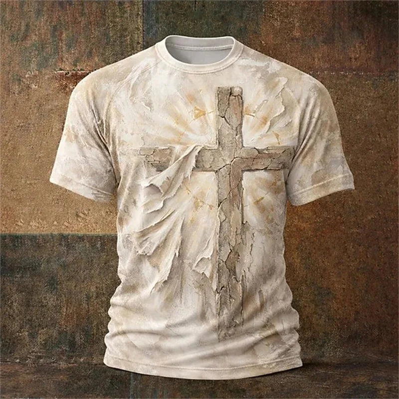 Christian Men's T-Shirt Summer Loose-Fit T-Shirt Gothic Style Jesus Christ Cross 3D Print Crew Neck Top Retro Short-Sleeve