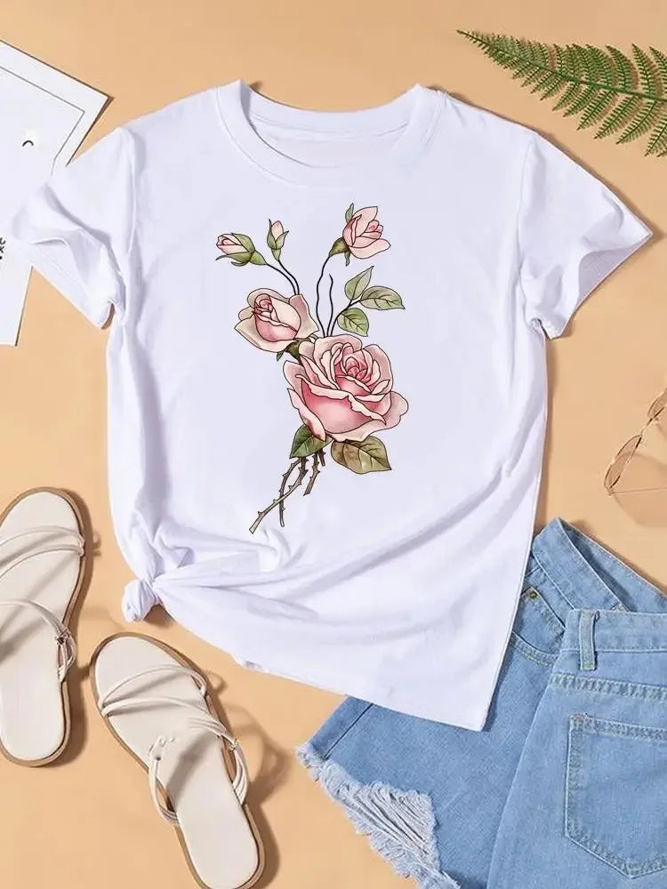 Graphic T-shirt Women Top Lady Female Shirt Tee Flower Carto Women Clothes Aesthetic Clothes Tops