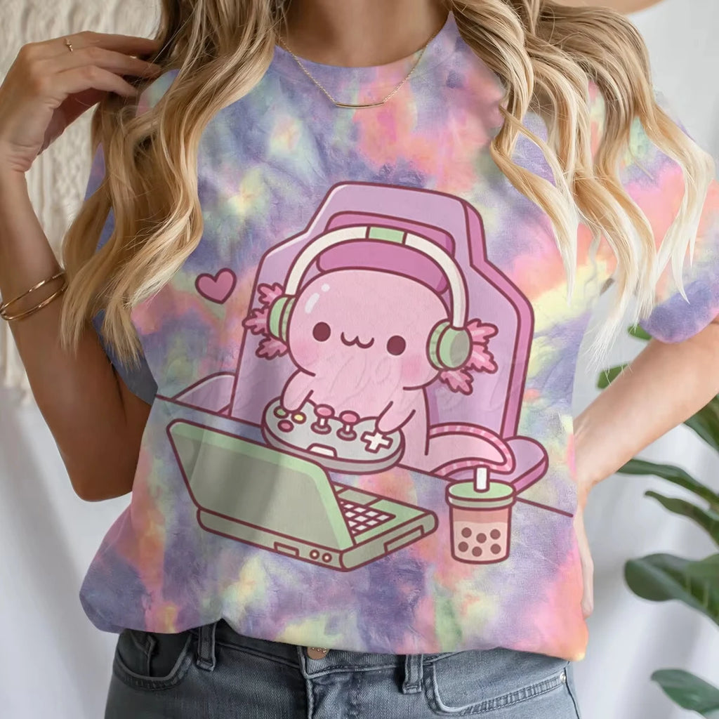 Girls' Summer Clothes Cute Axolotl Playing Games Graphic T-Shirt 3D Print Tie Dye Children's Clothing for Girl Short Sleeve Tee