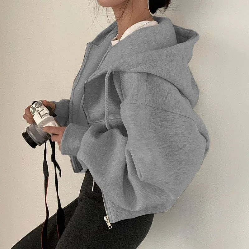 Korean Hood Shirt Women Fashion Fleece Lined Loose Hoodies Zipper Long Sleeve Crop Tops Harajuku Female Jackets Coats Sweatshirt