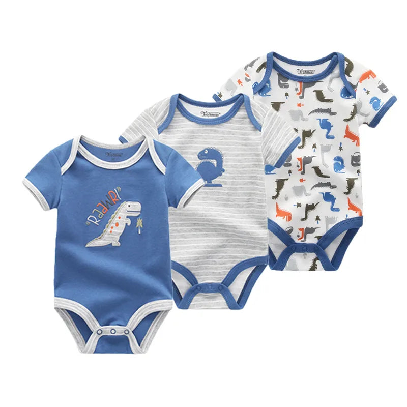 Unisex Cotton Newborn Baby Boy Clothes 3Pieces Summer 0-12M Cartoon Baby Girl Clothes Print Bodysuits Short Sleeve Bebes