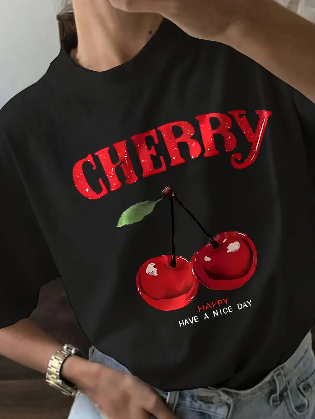 Cherry Blossom Graphic Print Crew Neck  Women's Casual Short Sleeve Summer & Spring Relaxed Breathable Plus Size Tees Clothes