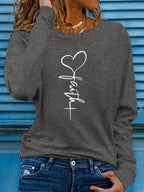 Faith Print Crew Neck T shirt Casual Long Autumn winter top women's long sleeved T-shirt loose comfortable black  white