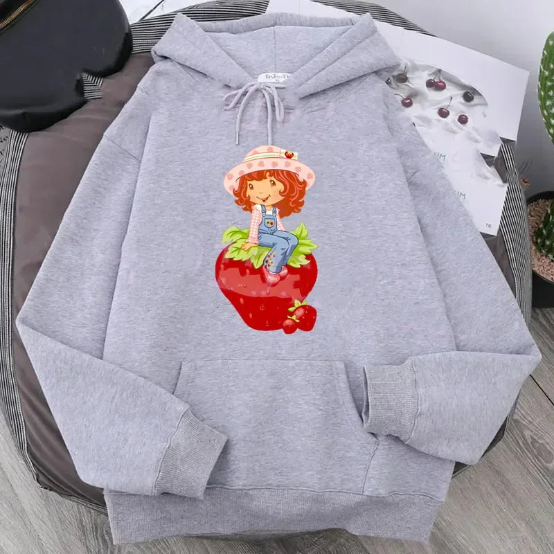 Cartoon Strawberry Women Hoodies Strawberry shortcake Hoodies Tops Long Sleeve Pockets Fashion Hooded Sweatshirts