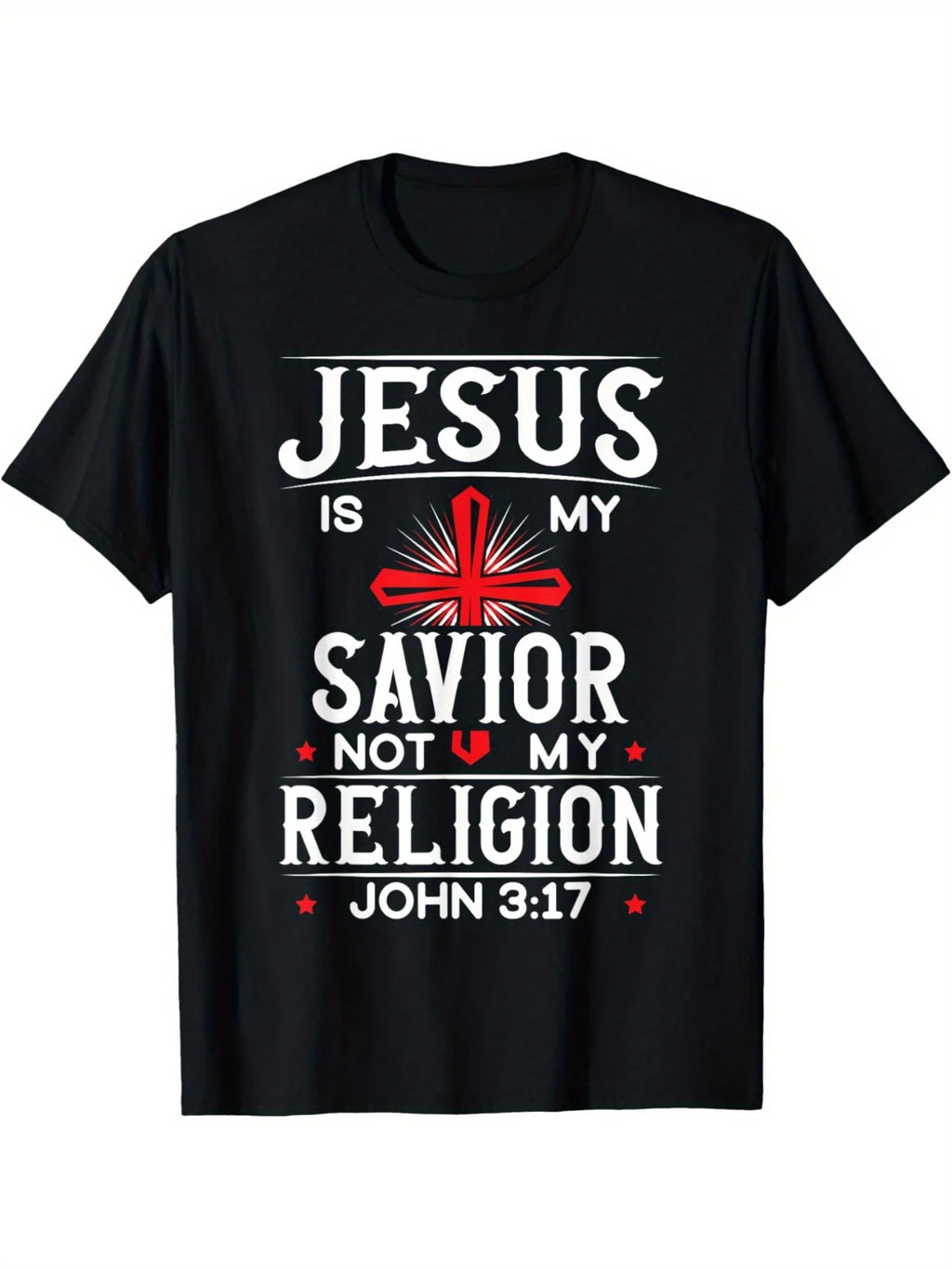 [Beach]Christian Faith-Based Graphic T-Shirt - "Jesus Is My Savior, Not My Religion" Print with Cross and Red Roses