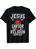 [Beach]Christian Faith-Based Graphic T-Shirt - "Jesus Is My Savior, Not My Religion" Print with Cross and Red Roses