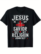 [Beach]Christian Faith-Based Graphic T-Shirt - "Jesus Is My Savior, Not My Religion" Print with Cross and Red Roses