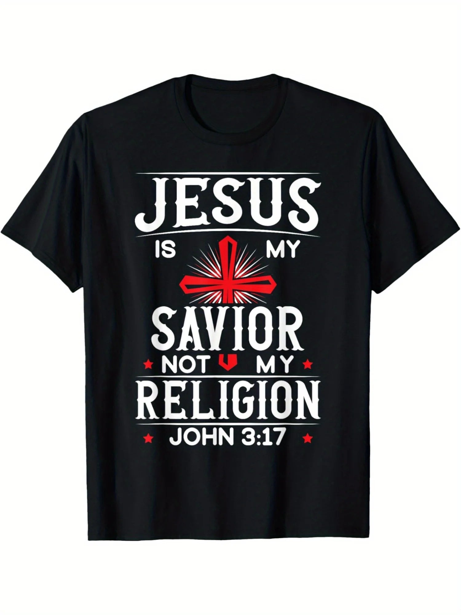 [Beach]Christian Faith-Based Graphic T-Shirt - "Jesus Is My Savior, Not My Religion" Print with Cross and Red Roses
