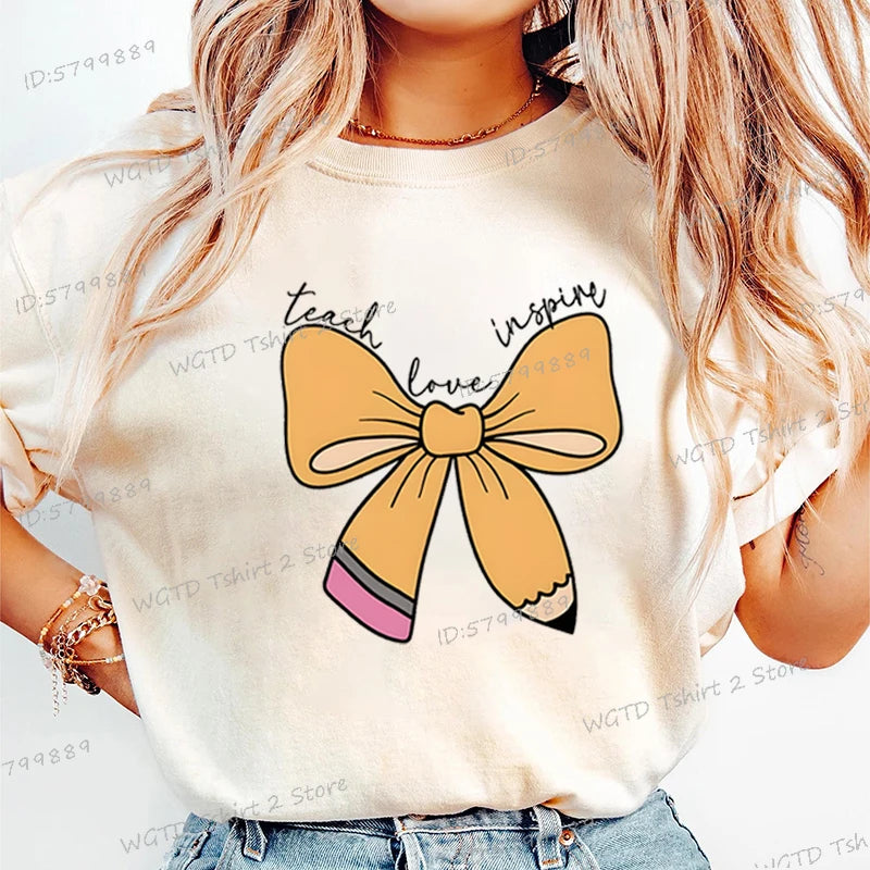 Women's Inspirational Teacher Graphic T Shirt Pencil Bow Design Short Sleeve Tee Gifts for Teacher's Day Crew Neck Classic Tops