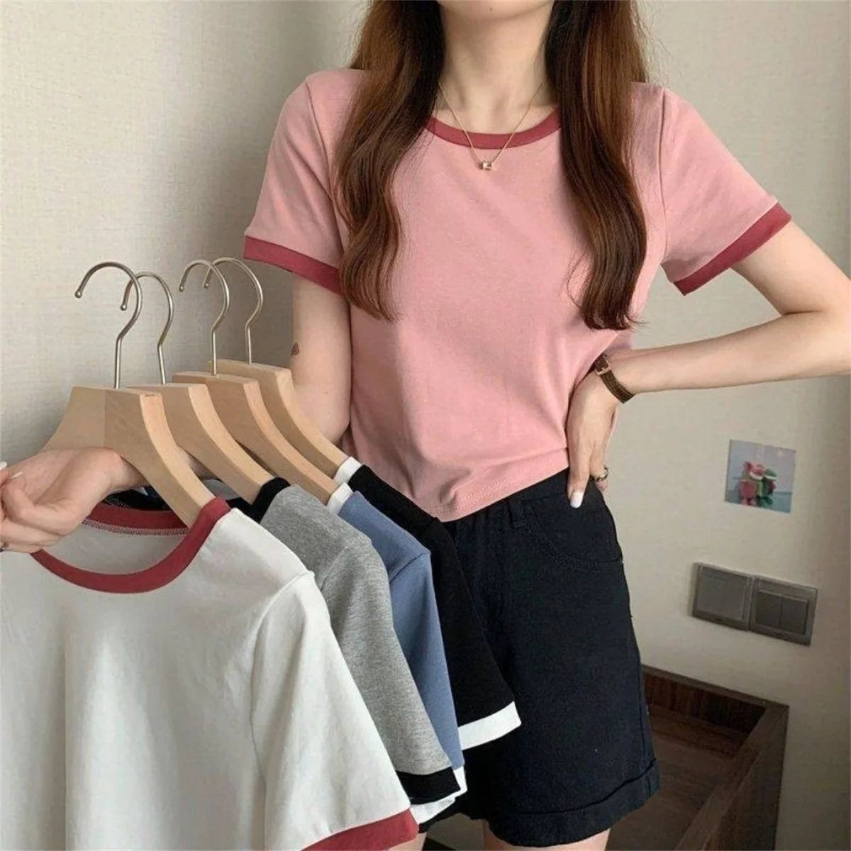 Fashion Patchwork T-shirts Women Basic Tee Casual Oversized Tops Quality Unisex Short Tshirts Tees Girl Summer Clothing Tops