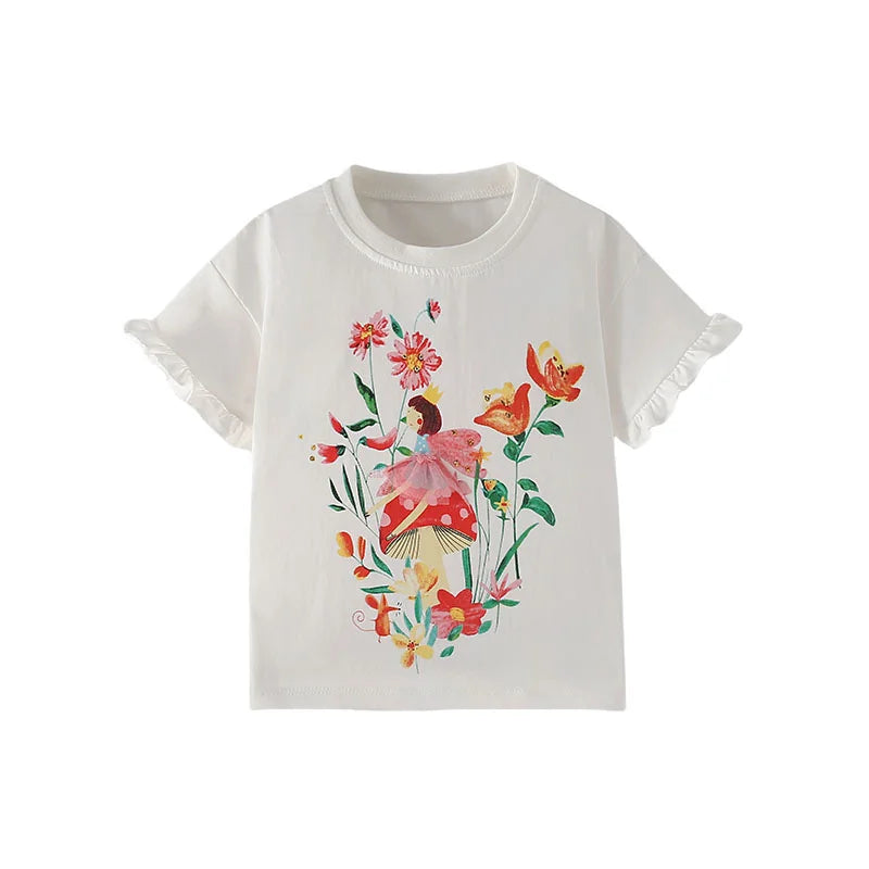 Jumping Meters 3-8T Animals Summer Girls Tshirts Butterflies Applique Short Sleeve Baby Clothes Embroidery Children's Tees