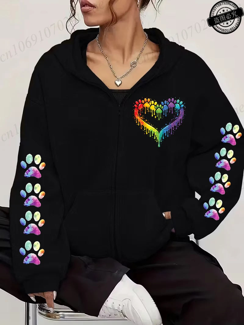 Women Zip Up Hoodies Watercolor Paw Printed Zipper Jackets Coats Autumn Winter Hoody Sweatshirt Fashion Casual Zip Up Hoodie Top