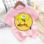 Cute SpongeBobs T-shirt Kids Anime Round Role Boys Girl Toddler Cotton Streetwear Tees Casual Short Sleeve Childern Clothes Tops
