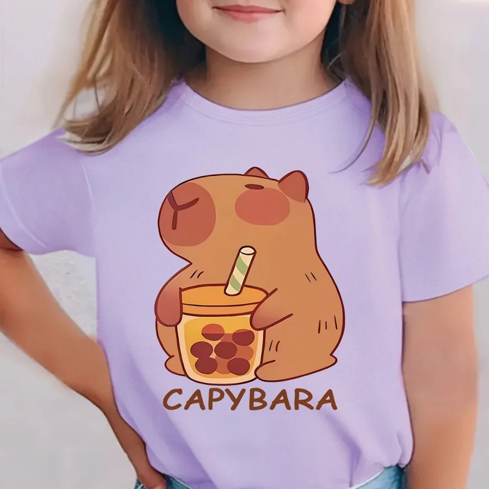Capybara White Tshirt Kids Girl Clothes Short Sleeve Clothing for Girls Summer Children T-Shirt Fashion Tees Cute Capybaras Top