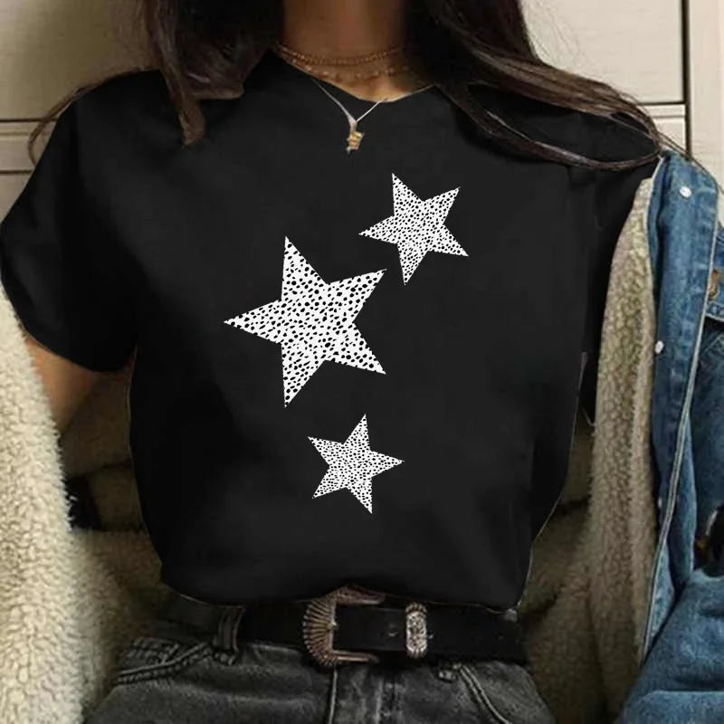 2024 Plus Size Womens Cartoon Graphic Star Printing T-shirts 90s Girls Style Casual Fashion Aesthetic Printed Female Top Tees