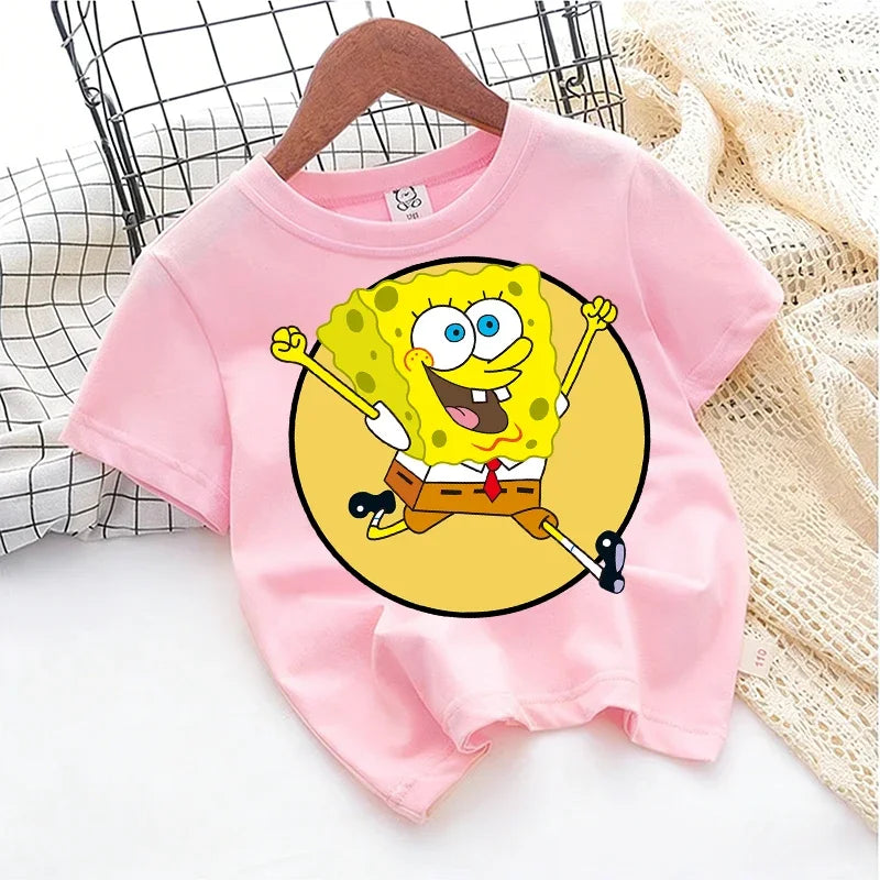 Cute SpongeBobs T-shirt Kids Anime Round Role Boys Girl Toddler Cotton Streetwear Tees Casual Short Sleeve Childern Clothes Tops