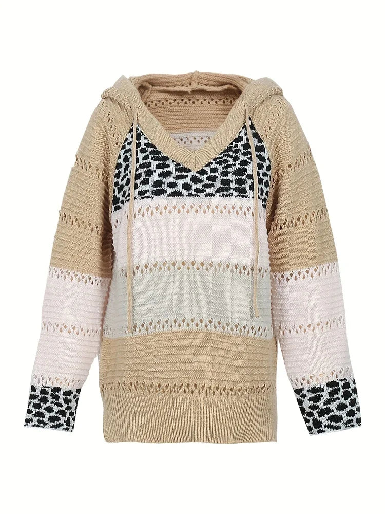 Plus Size Women's Autumn and Winter Pop Hooded Leopard Print Colour Block Sweater Casual Style Acrylic Material