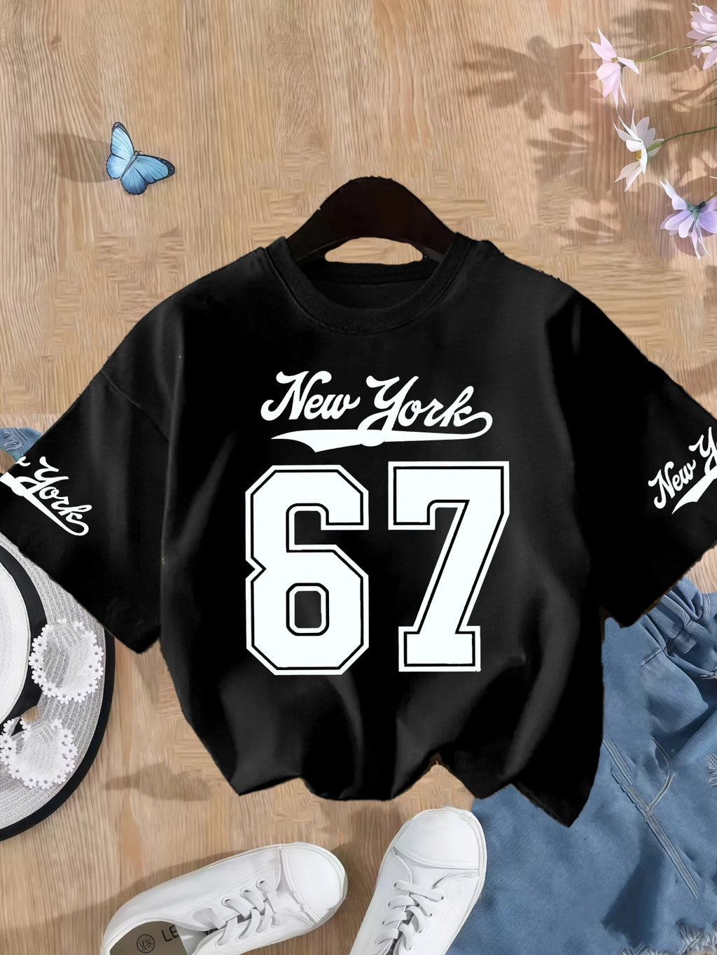 Girls' Number 67 New York Print Summer Short-Sleeve Pure Cotton T-Shirt Pink Elastic Round Neck Children's Top Fashion Design