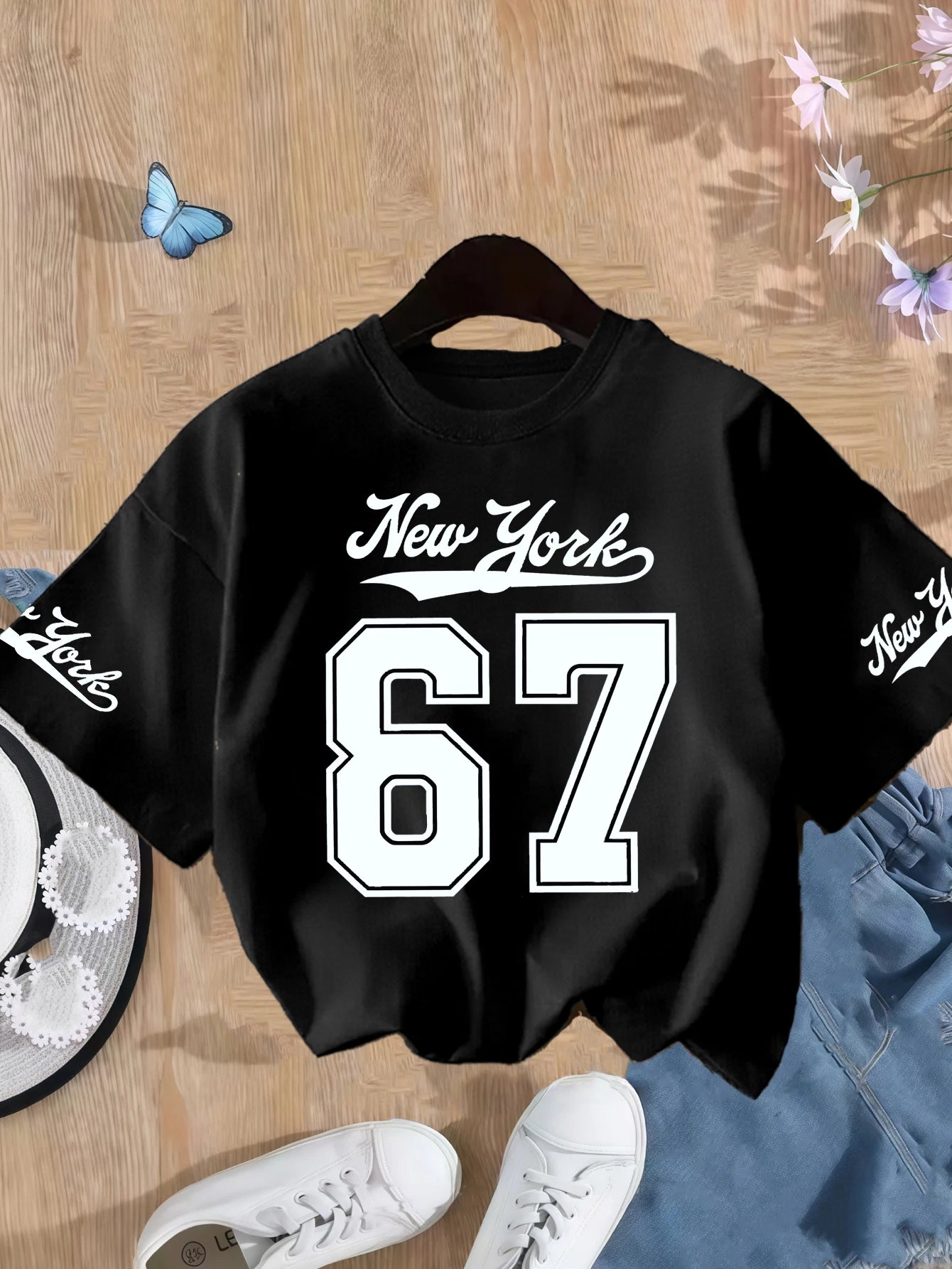 Girls' Number 67 New York Print Summer Short-Sleeve Pure Cotton T-Shirt Pink Elastic Round Neck Children's Top Fashion Design