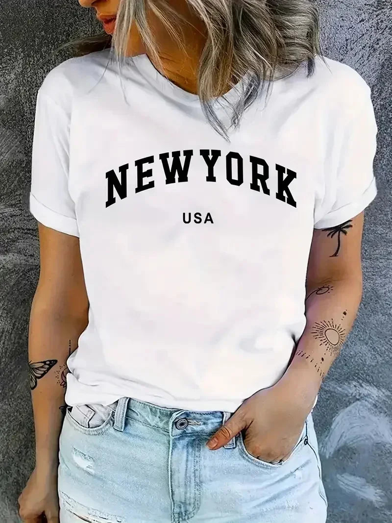 Women T Shirt Cartoon NEW YORK' 'USA Letter Print Crew Neck Top Black T-shirt Female Summer 90s Girls Graphic Aesthetic Clothes