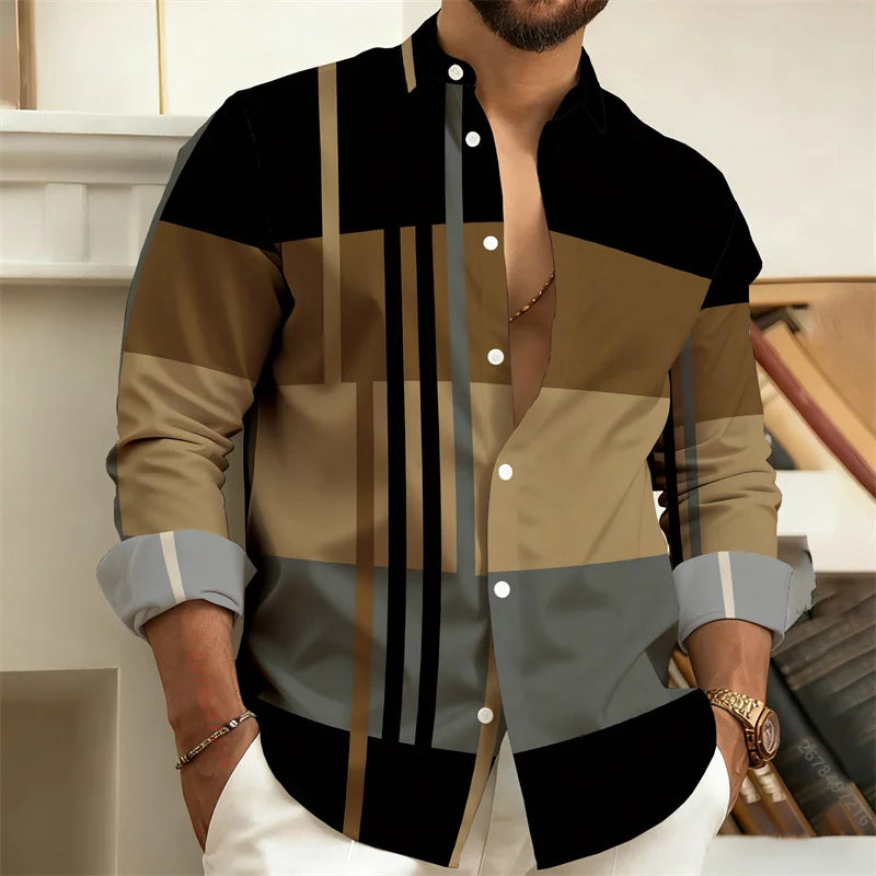 Men's Color-Blocked Striped Long-Sleeve Shirt, Retro Style Business Casual Shirt, Slim Fit Men's Trendy Top, Sizes S-6XL