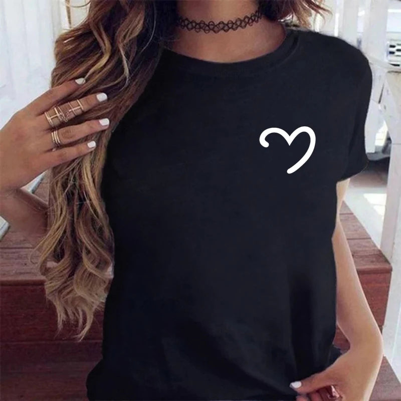 New Women T Shirt Cute Than Heart Printed T-shirt Fashion Love Heart Loose Short Sleevs Round Neck T-shirt Casual Female Tops
