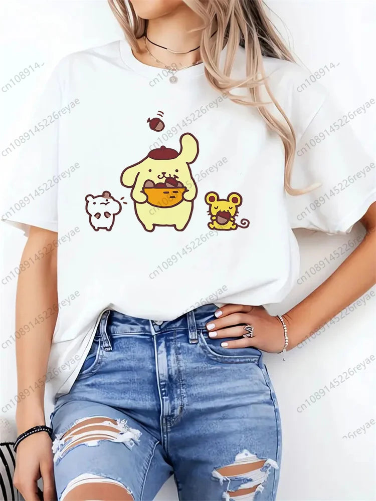 Women T Shirt Funny Pom Pom Purin Printed Tops Tee Female Short Sleeve Tshirt Harajuku Tee Shirts 90s Girls T-shirts