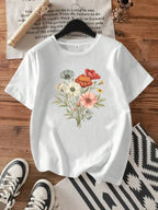 【WDS0020】Plus size women's round neck short sleeve T-shirt with elastic half sleeves and trendy prints