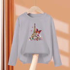 Girls New Autumn Clothes Paris Eiffel Tower T-shirt Long sleeved Cotton Tops Little Girl Butterfly Party Tees