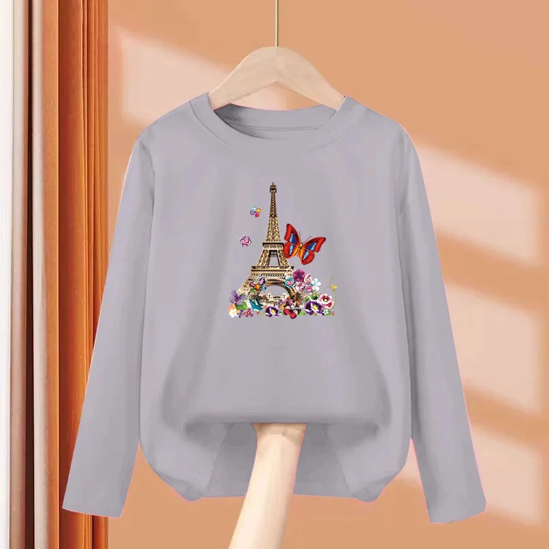 Girls New Autumn Clothes Paris Eiffel Tower T-shirt Long sleeved Cotton Tops Little Girl Butterfly Party Tees