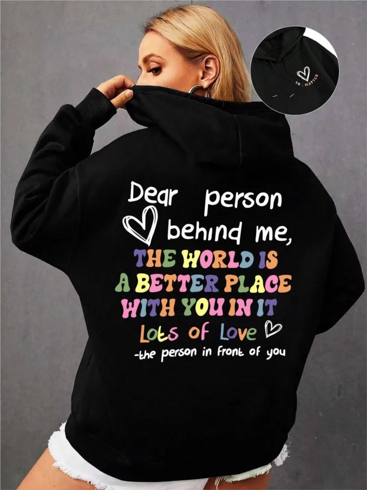 Dear Person Behind Me Plus Size Hoodie Women Colored Letters Warm Fleece Hoody Fur-liner Spring Autumn Sweatshirt Y2K Casual Top