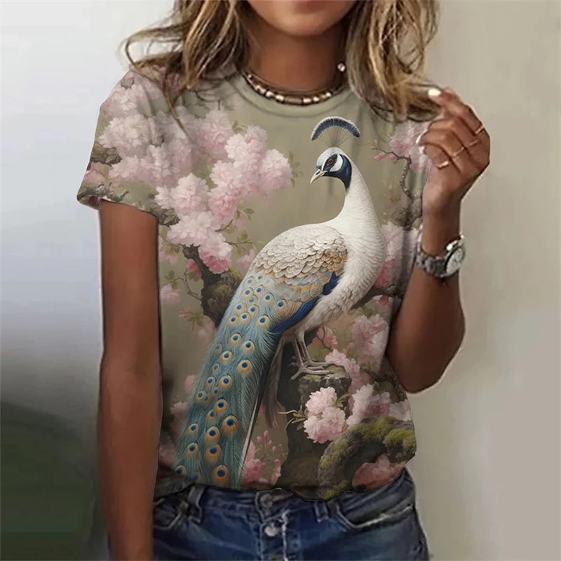 Fashion Women's T-shirt With Cute Peacock Graphic 3D Printed Short Sleeve Summer T-shirts Oversized Loose Women's Clothing