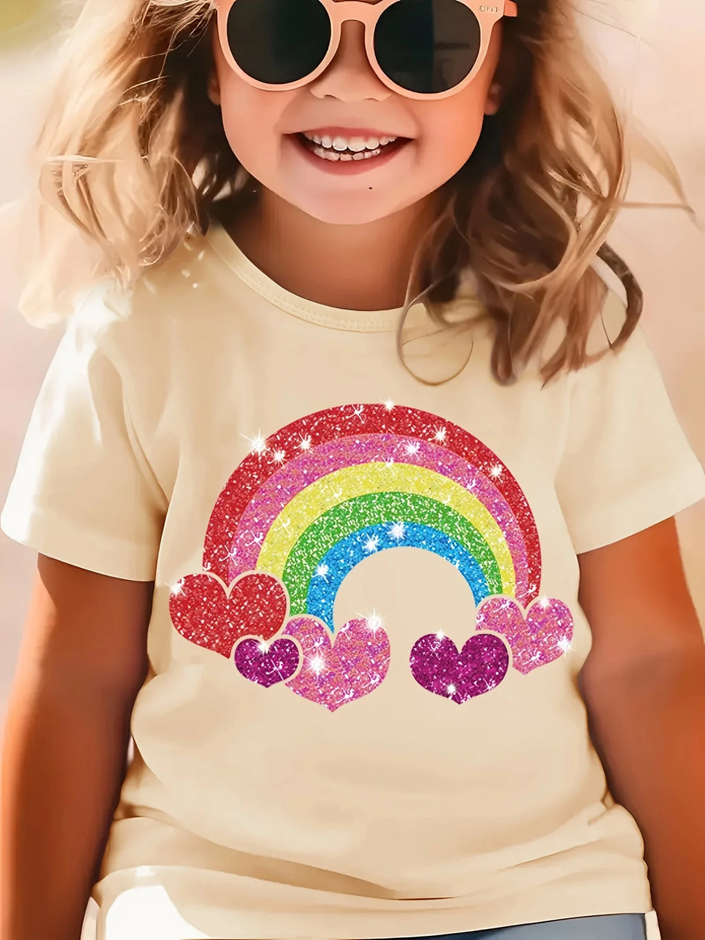2026 Summer Fashion Girls' Pure Cotton Round Neck Short Sleeve Rainbow Heart Print T-Shirt Casual Versatile Top Trendy Clothing