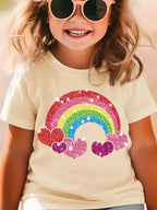2026 Summer Fashion Girls' Pure Cotton Round Neck Short Sleeve Rainbow Heart Print T-Shirt Casual Versatile Top Trendy Clothing