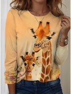 Women's T-Shirts Graphic Animal Giraffe  Tees Fashion Stylish Long Sleeve T-shirts O-Neck Regular Tops Summer Casual Pullover