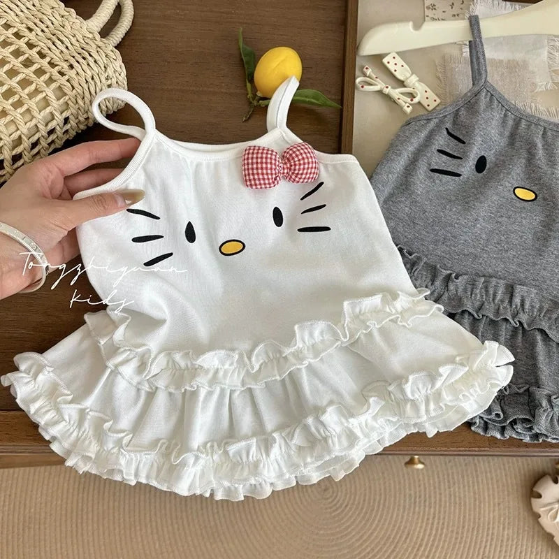 2026 Baby Girls Summer Clothing Cute Cat Plaid Bow Lace Halter Tops Tees Shirts Fashion Kids Children Cotton Casual Clothes