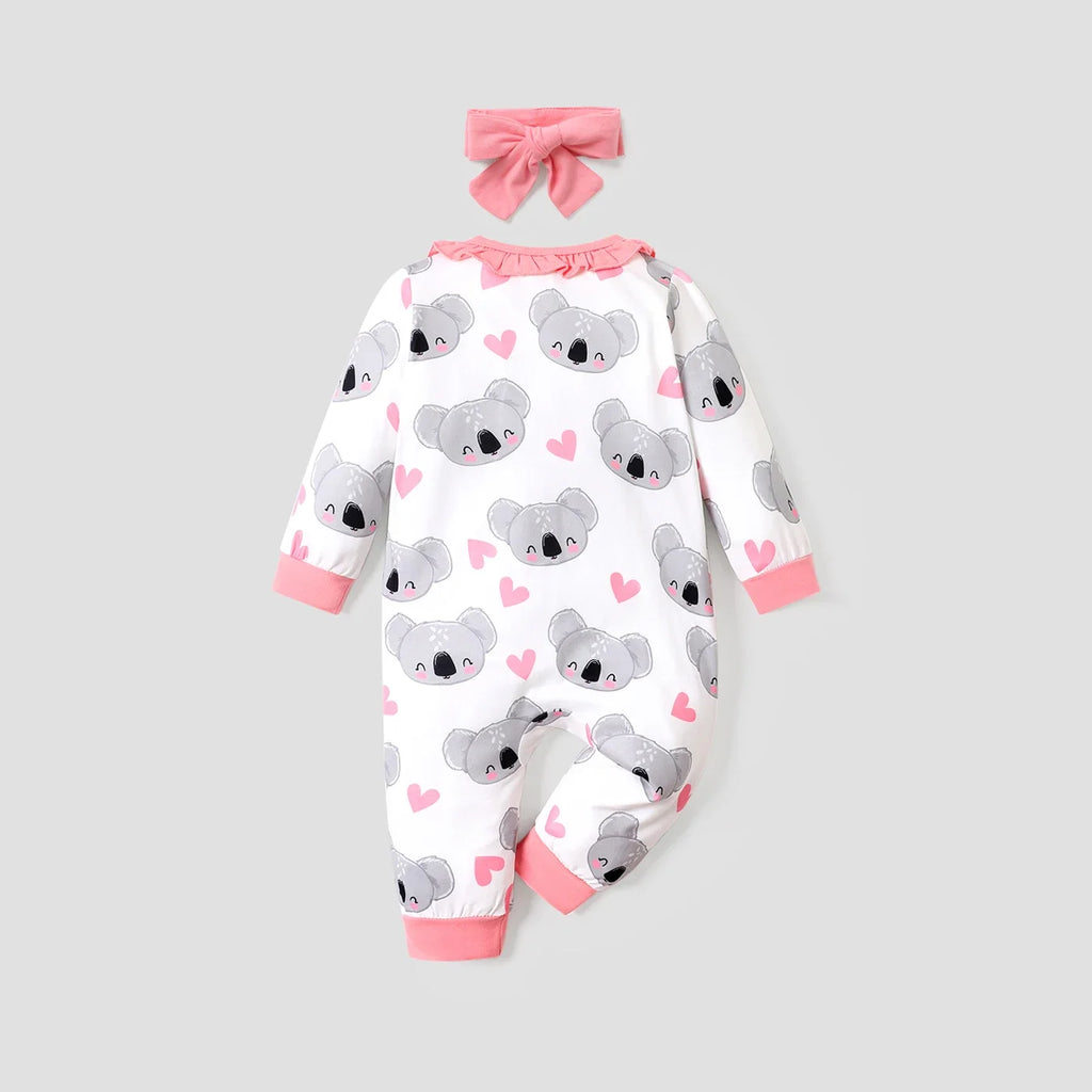 PatPat 2pcs All Over Cartoon Koala Print White Long-sleeve Ruffle Snap-up Baby Jumpsuit Set Soft and Comfortable