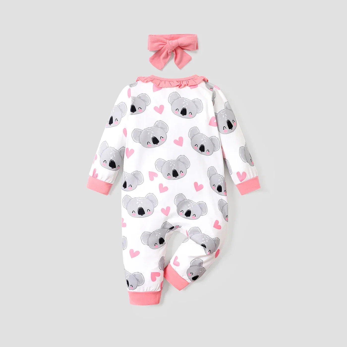 PatPat 2pcs All Over Cartoon Koala Print White Long-sleeve Ruffle Snap-up Baby Jumpsuit Set Soft and Comfortable