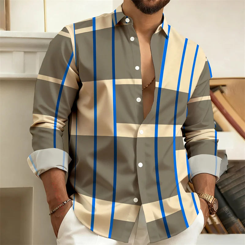 Men's Color-Blocked Striped Long-Sleeve Shirt, Retro Style Business Casual Shirt, Slim Fit Men's Trendy Top, Sizes S-6XL