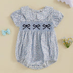 0-18M Infant Baby Girls Bowknot Embroidered Rompers Lovely Floral Print Doll Collar Short Sleeve Bubble Jumpsuits for Newborn