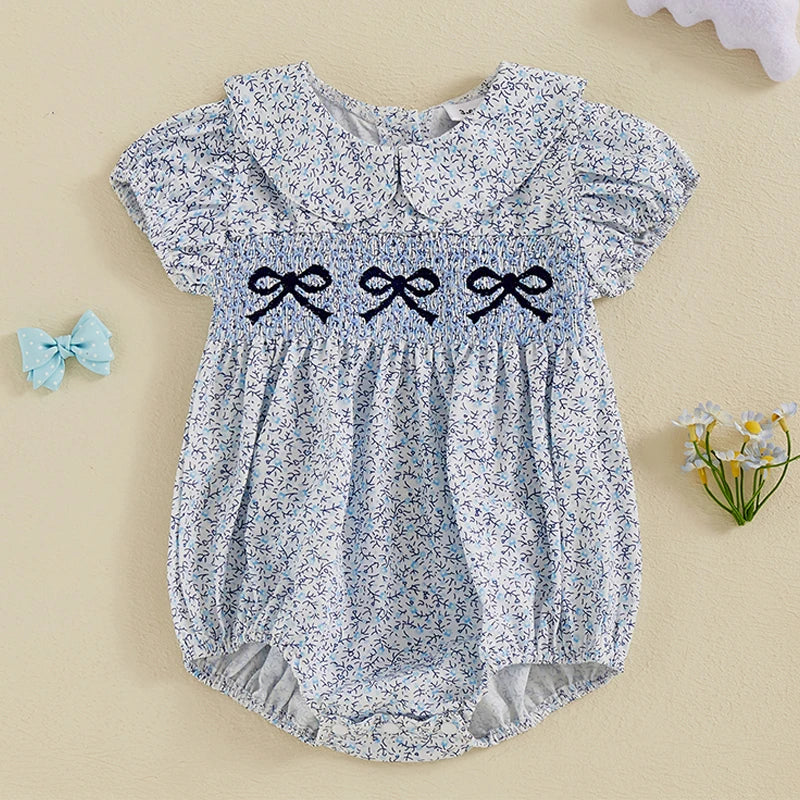 0-18M Infant Baby Girls Bowknot Embroidered Rompers Lovely Floral Print Doll Collar Short Sleeve Bubble Jumpsuits for Newborn