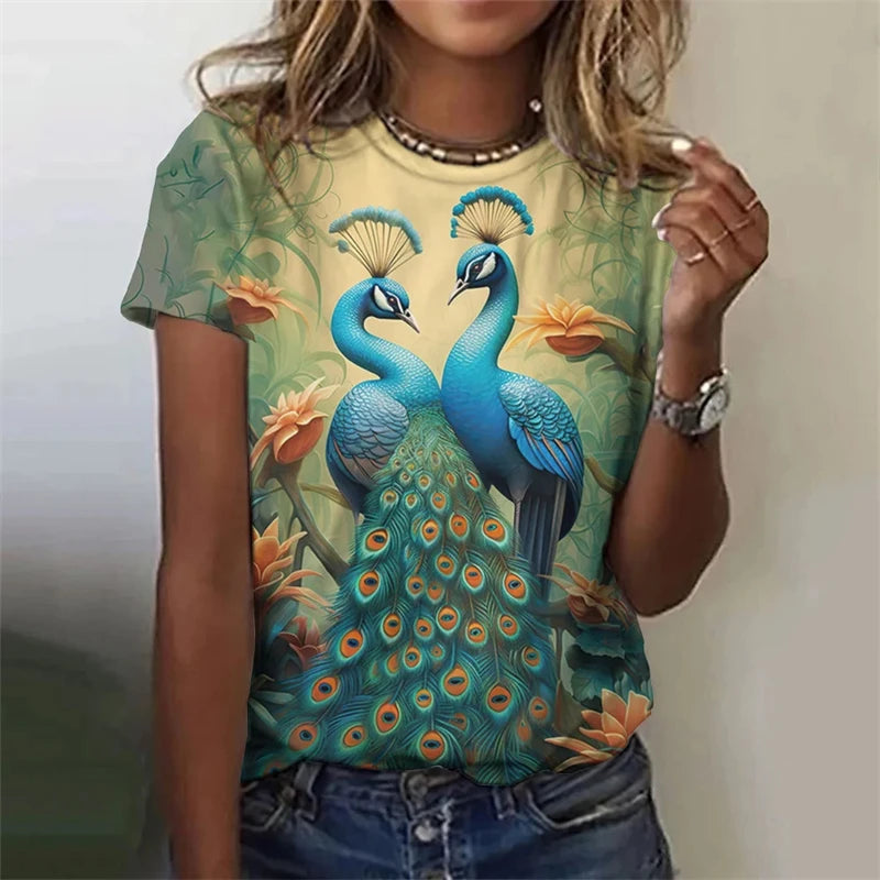 Fashion Women's T-shirt With Cute Peacock Graphic 3D Printed Short Sleeve Summer T-shirts Oversized Loose Women's Clothing