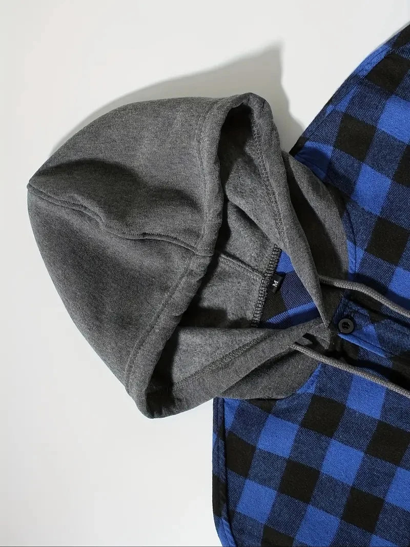 Youth Fashion Street Hooded Plaid Shirt Men's Slim Fit Long Sleeved Shirt Couple Travel Casual Shirt Men's Sports Shirt Jacket
